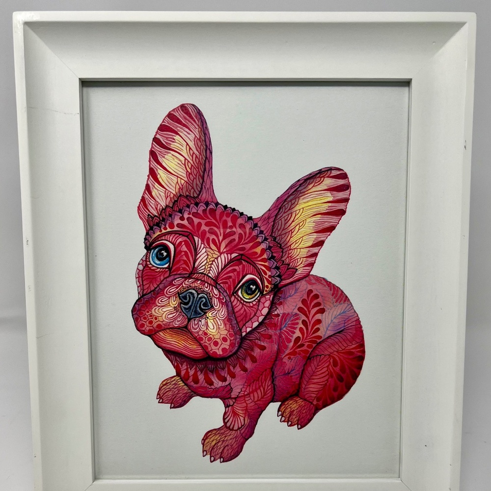 Raspberry French Bulldog Art by artist Ola Liola - in white frame